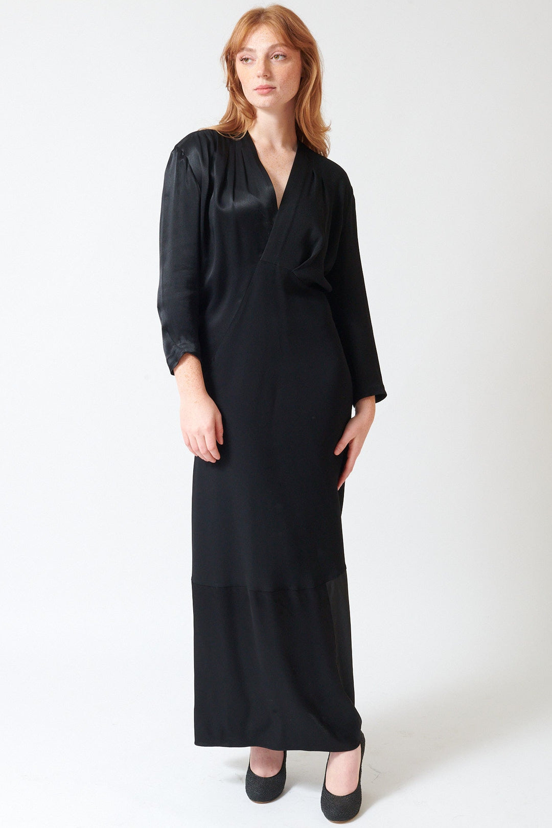 Waverly wearing 6397 Long Patchwork S Curve Dress front view