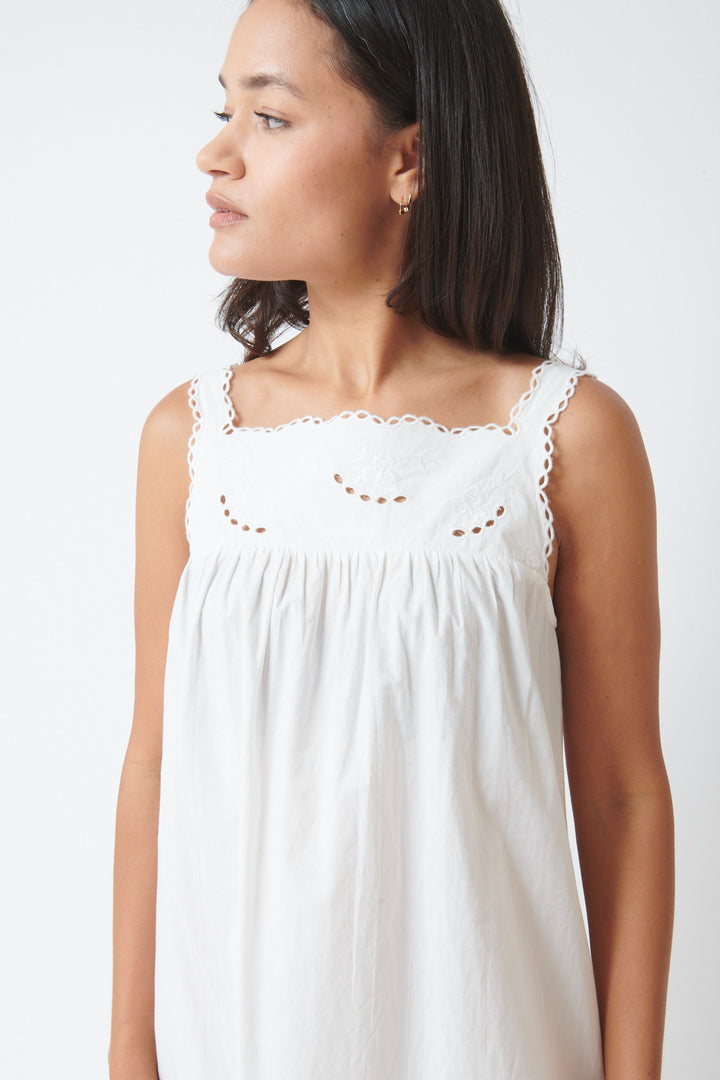Amanda wearing The Garment Kirsten Babydoll Dress White front/detail view