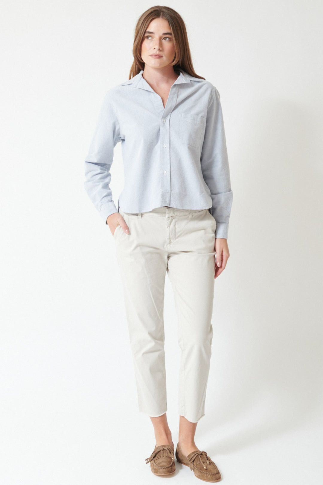 Julia wearing Frank & Eileen Wicklow The Italian Chino in Cement, front view.