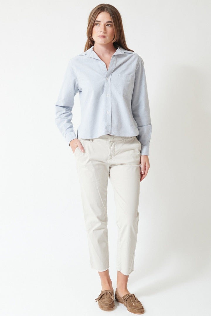 Julia wearing Frank & Eileen Wicklow The Italian Chino in Cement, front view.