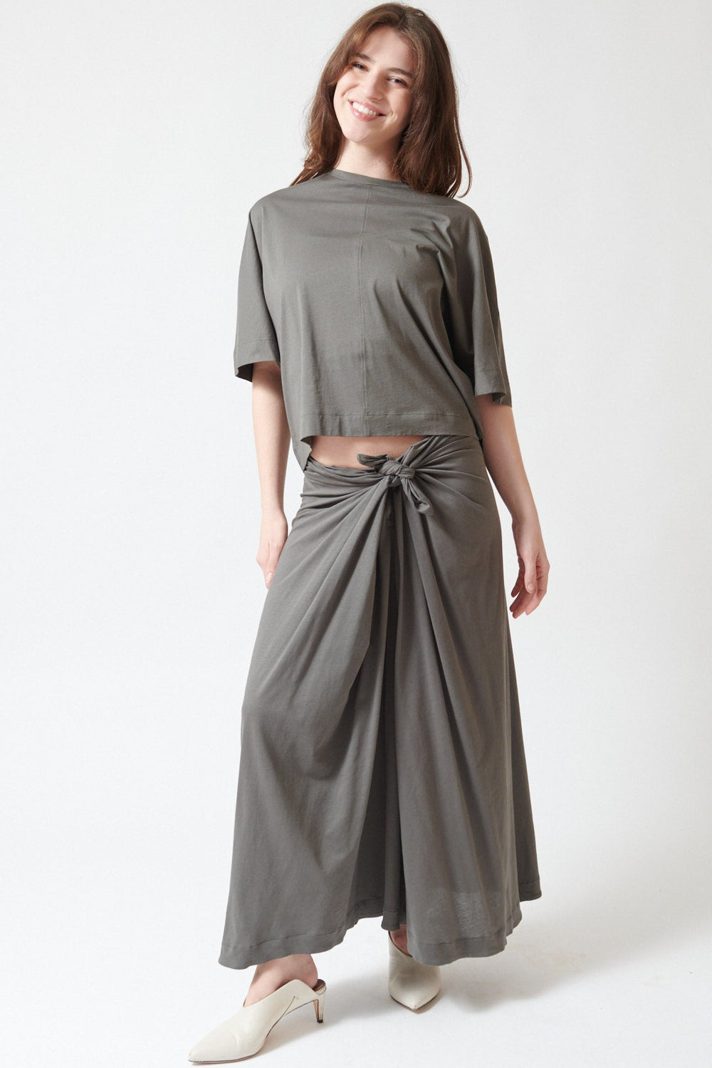 Sophie wearing Soeur Fluid Cotton Jersey Goa Wrap Skirt front view
