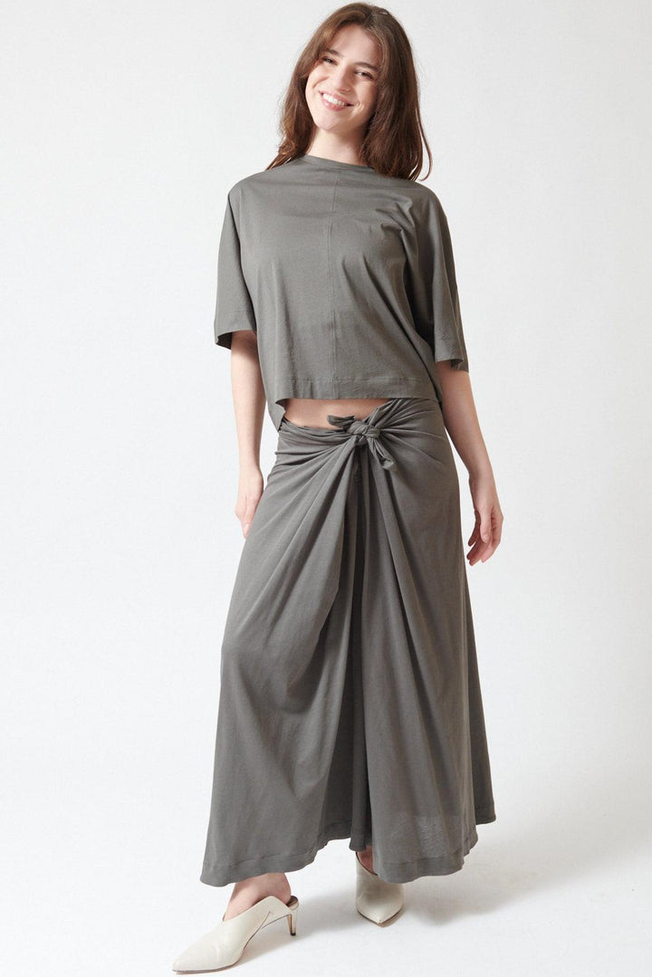Sophie wearing Soeur Fluid Cotton Jersey Goa Wrap Skirt front view