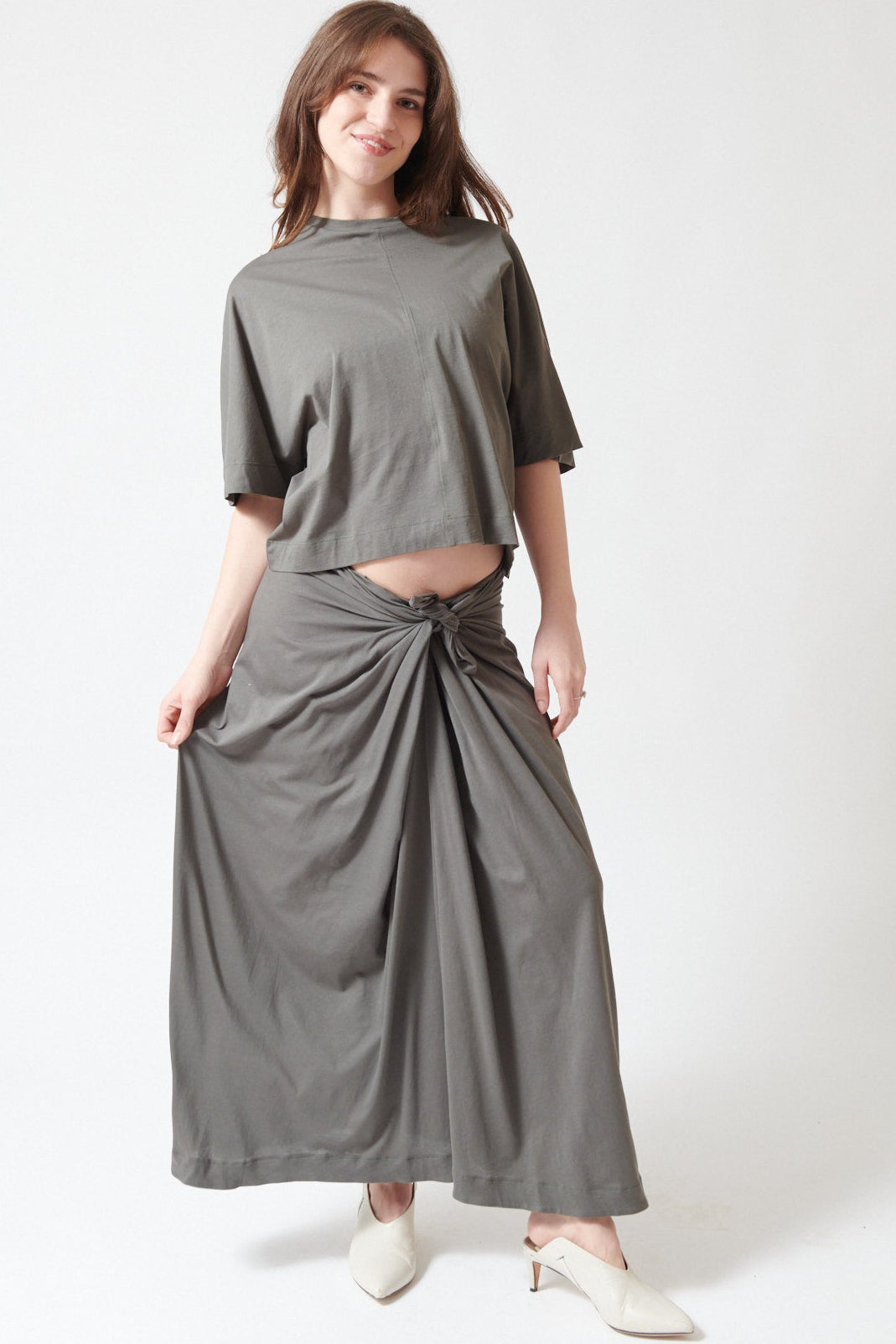 Sophie wearing Soeur Fluid Cotton Jersey Goa Wrap Skirt front view