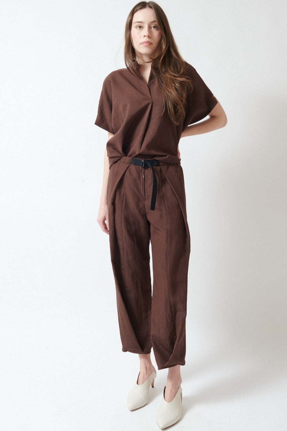 Angela wearing Zero + Maria Cornejo Para Drape Wrap Akeo Pant front view