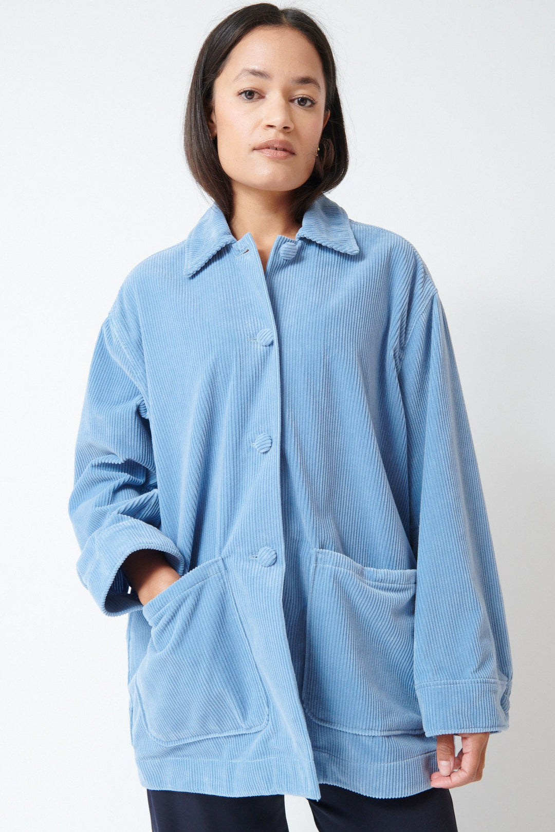Amanda wearing Dorothee Schumacher Modern Structure Jacket Milky Blue front view