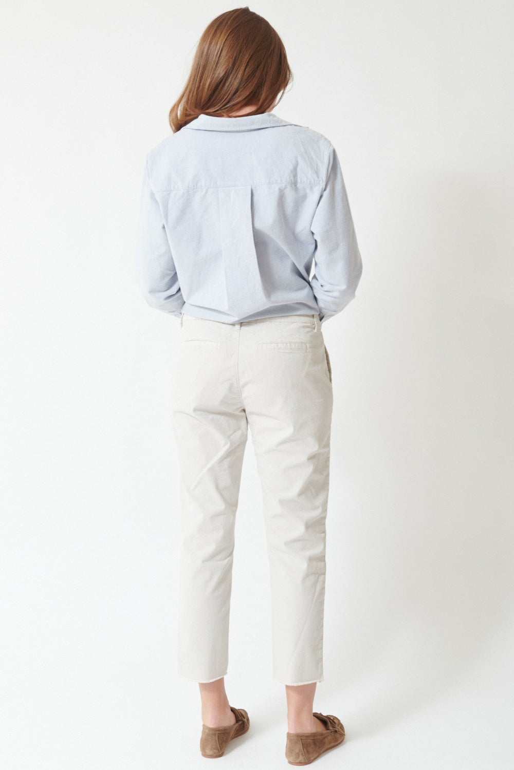 Julia wearing Frank & Eileen Wicklow The Italian Chino in Cement, rear view.