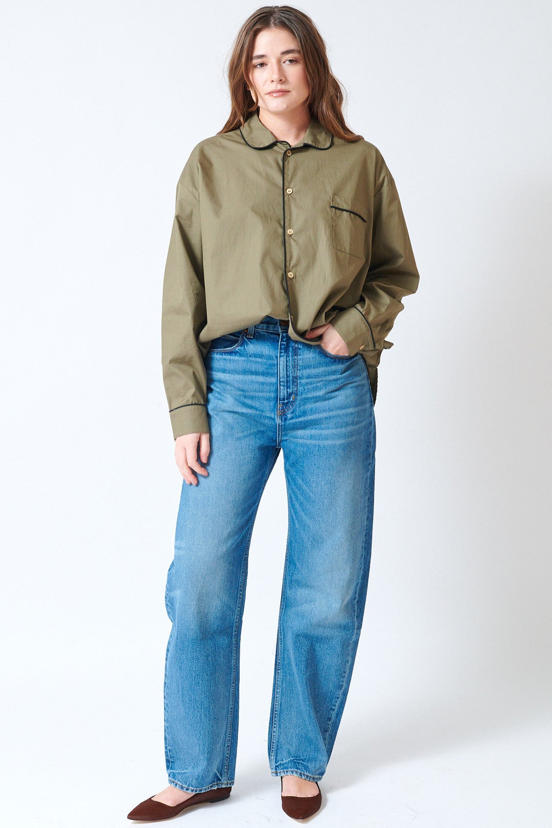 Julia wearing Jamie Haller The Fan Jean front view