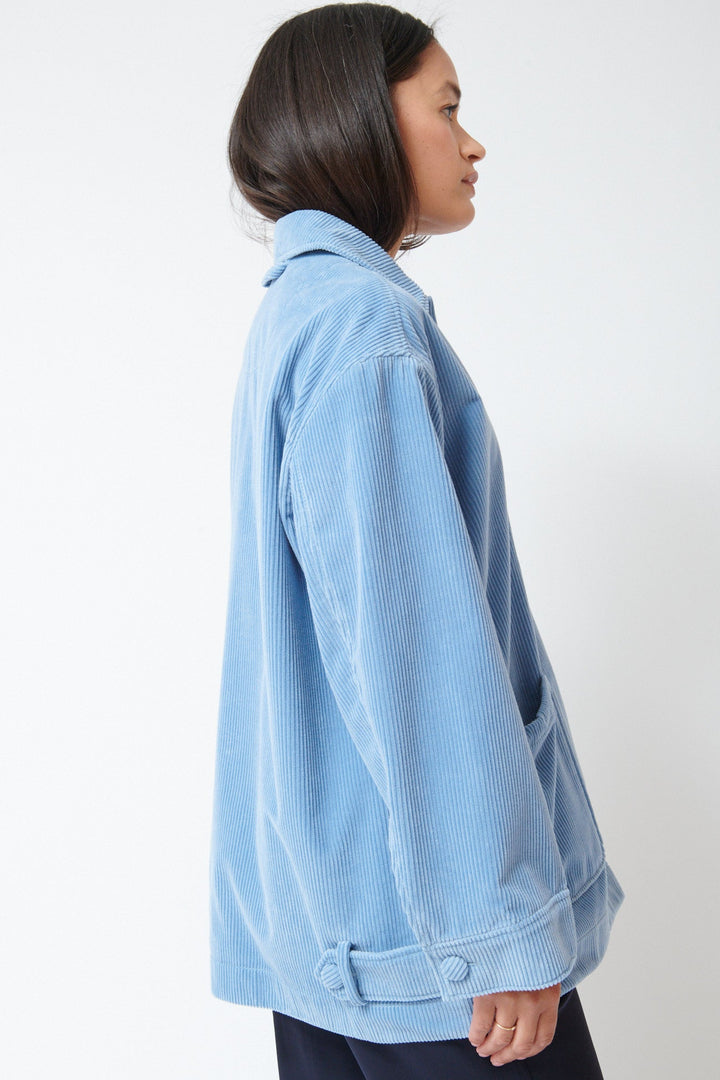 Amanda wearing Dorothee Schumacher Modern Structure Jacket Milky Blue side view