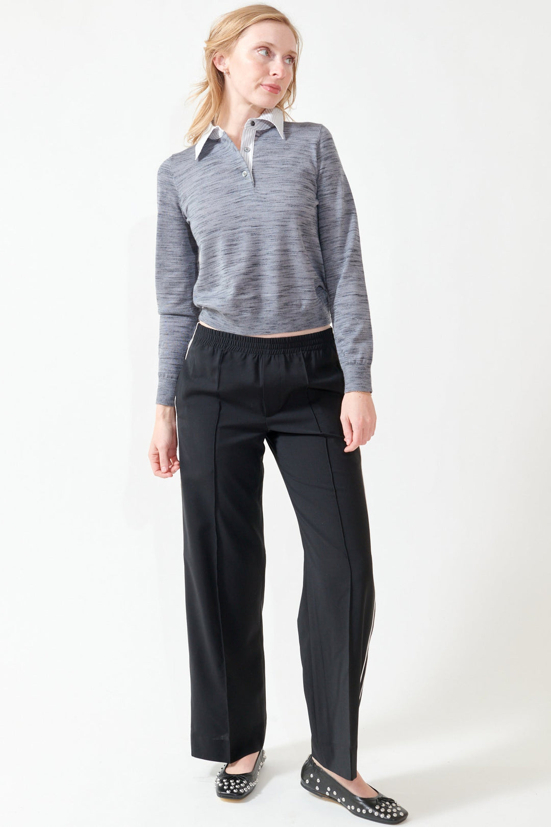 Madi wearing WE-AR4 The Chaplin Trouser front view