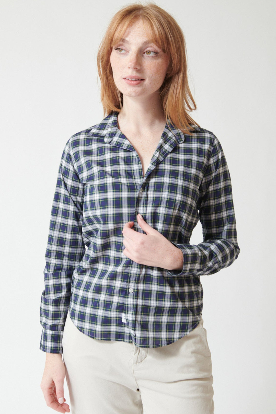 Waverly wearing Frank & Eileen Barry Tailored Button Up in Yellow Navy White, front view.
