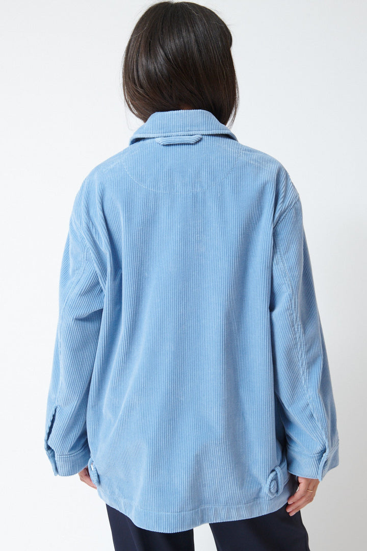 Amanda wearing Dorothee Schumacher Modern Structure Jacket Milky Blue rear view
