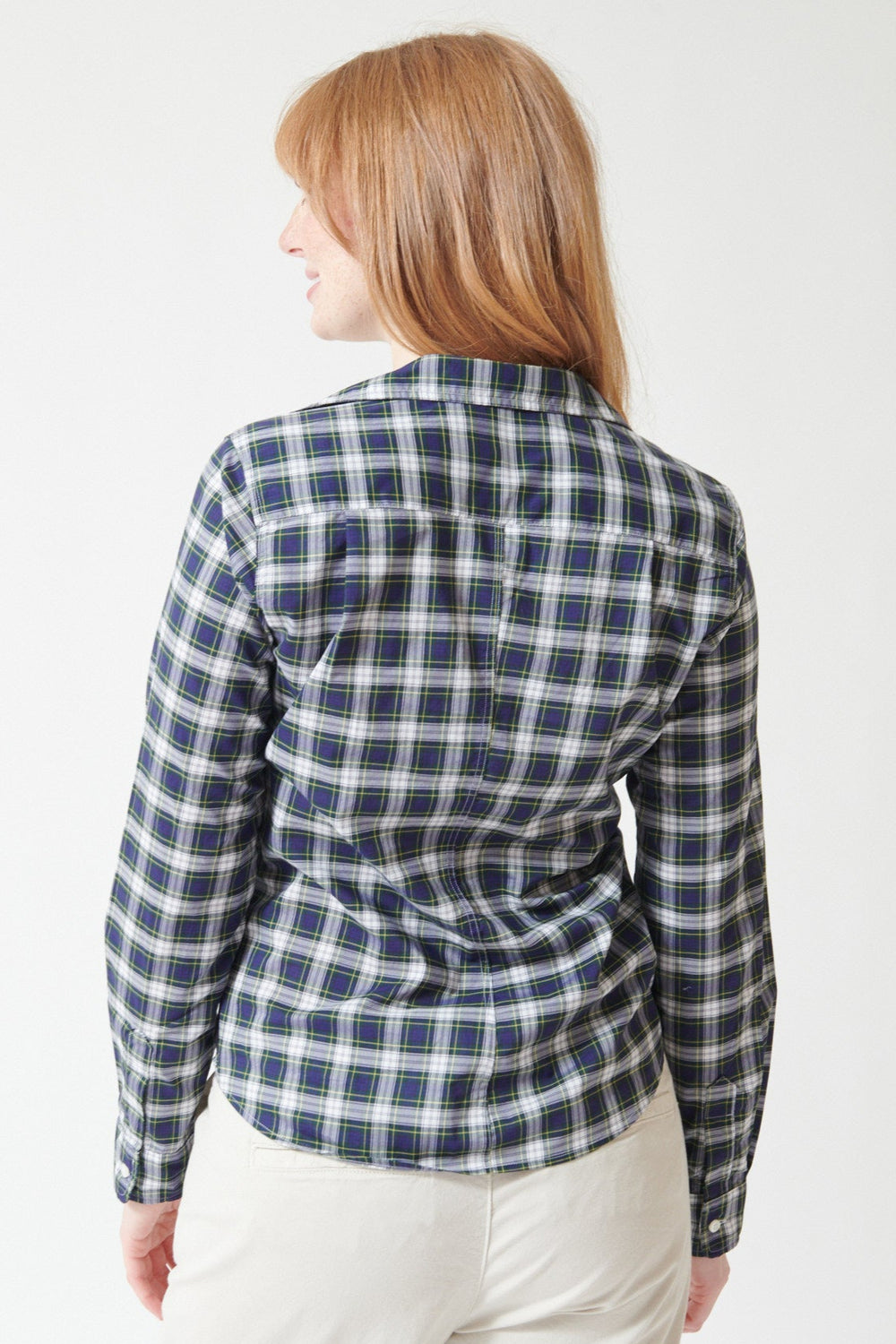 Waverly wearing Frank & Eileen Barry Tailored Button Up in Yellow Navy White, rear view.