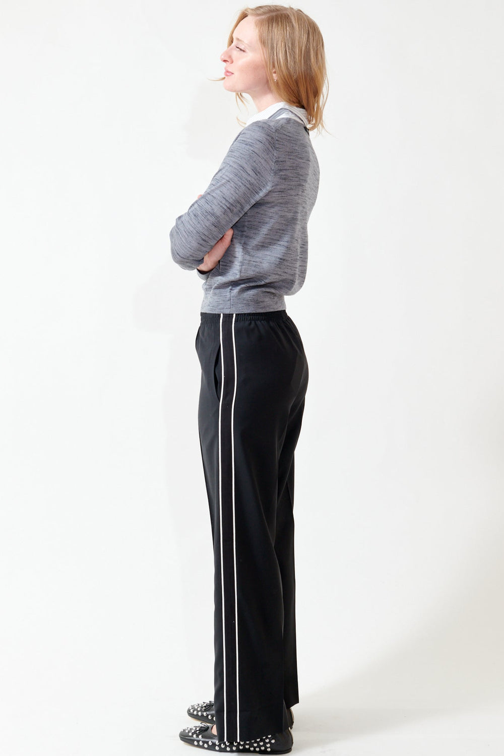 Madi wearing WE-AR4 The Chaplin Trouser side view