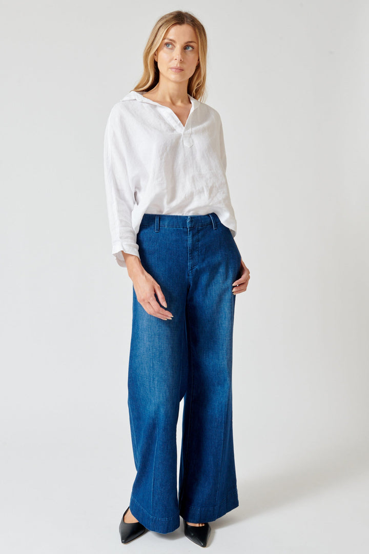 Mari wearing Frank & Eileen WVillage The Italian Wide Leg Chino front view
