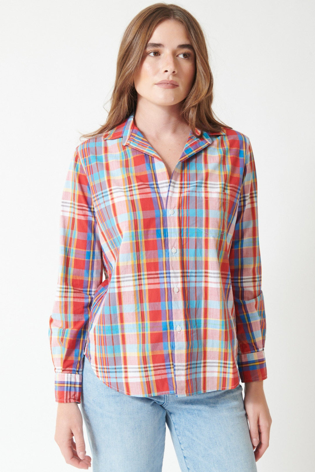 Julia wearing Frank & Eileen  Eileen Relaxed Button Up Shirt in Primary Color Plaid, front view.