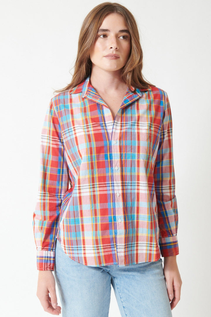 Julia wearing Frank & Eileen  Eileen Relaxed Button Up Shirt in Primary Color Plaid, front view.