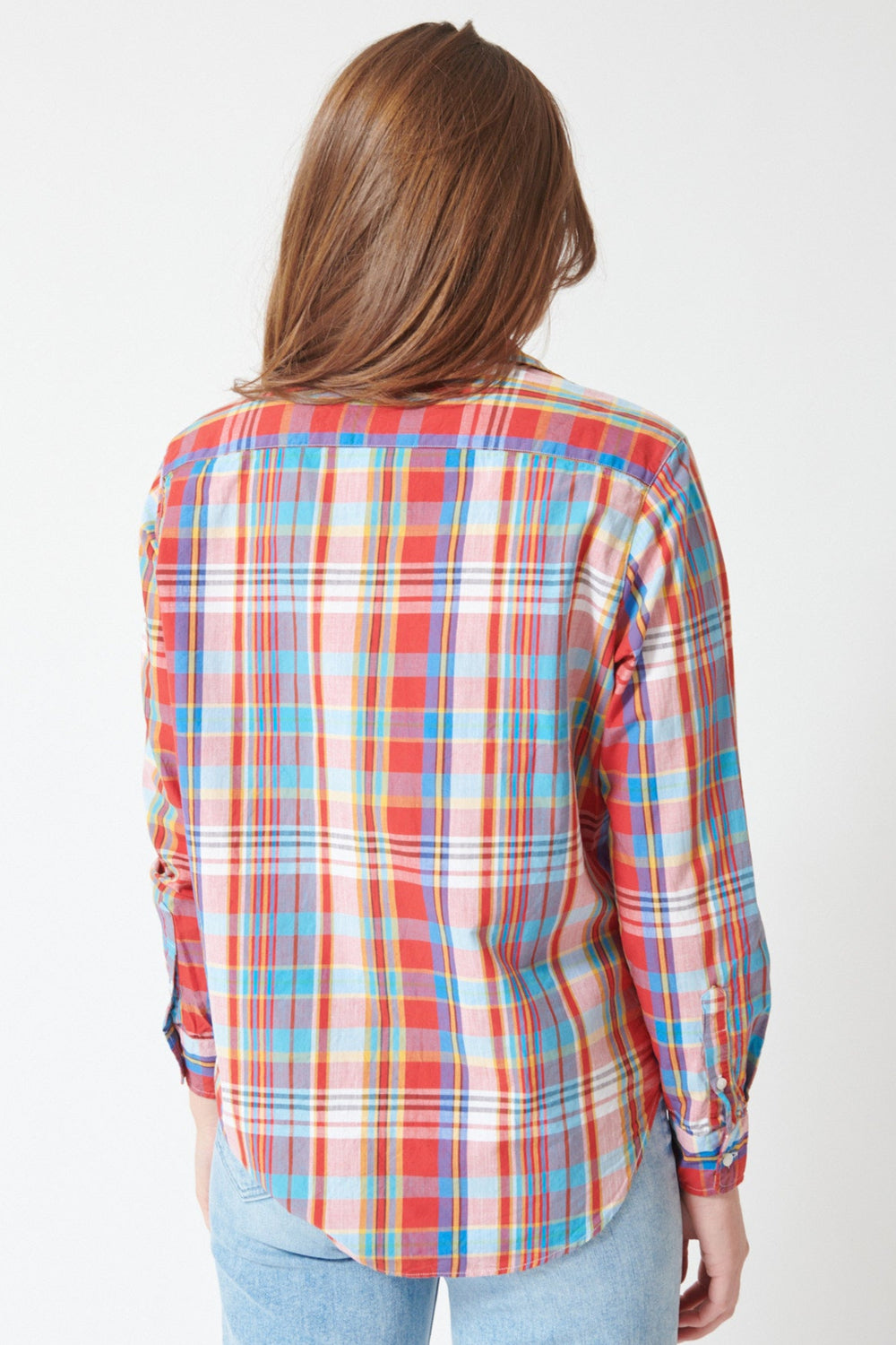 Julia wearing Frank & Eileen  Eileen Relaxed Button Up Shirt in Primary Color Plaid, rear view.