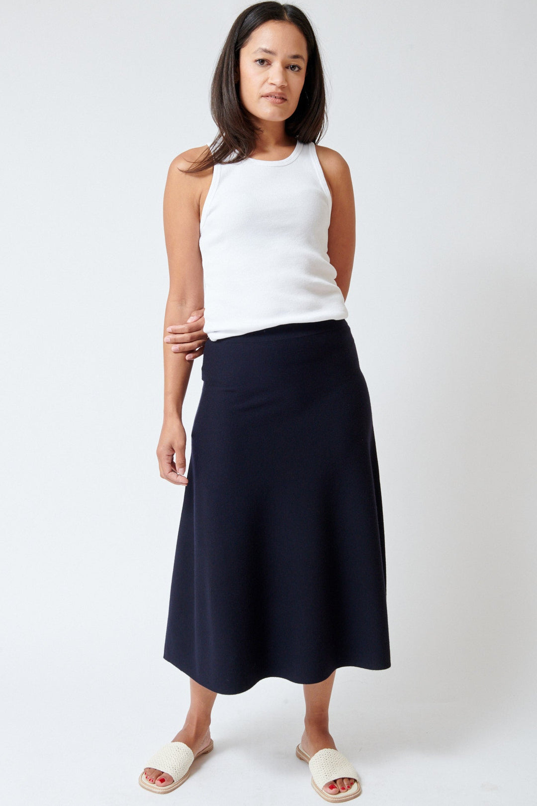 Amanda wearing Allude Touch On Wool Skirt front view