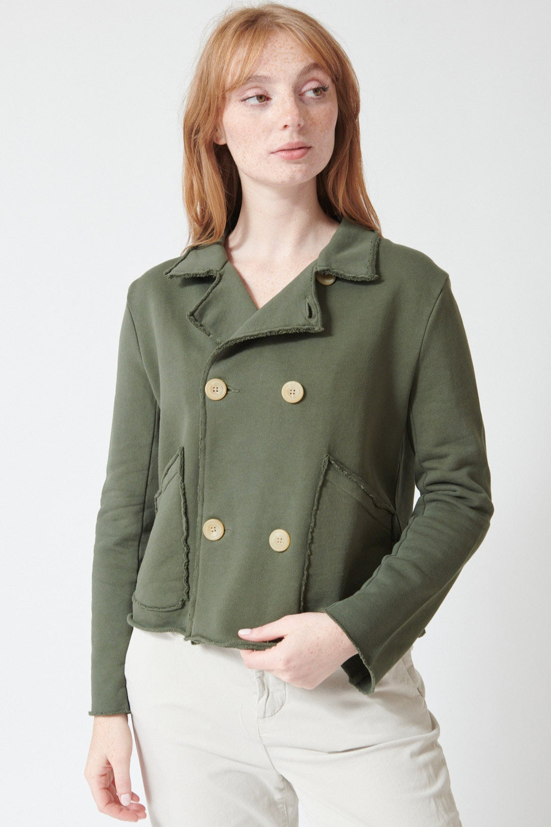Waverly wearing Frank & Eileen Mini Belfast Crop Peacoat front view