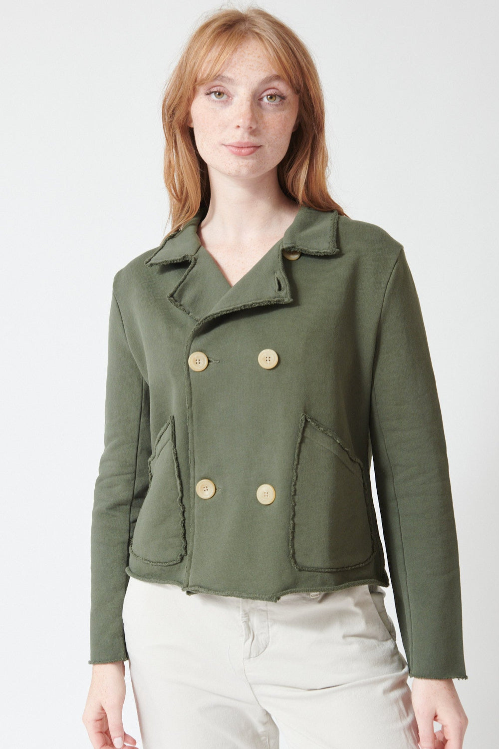 Waverly wearing Frank & Eileen Mini Belfast Crop Peacoat front view