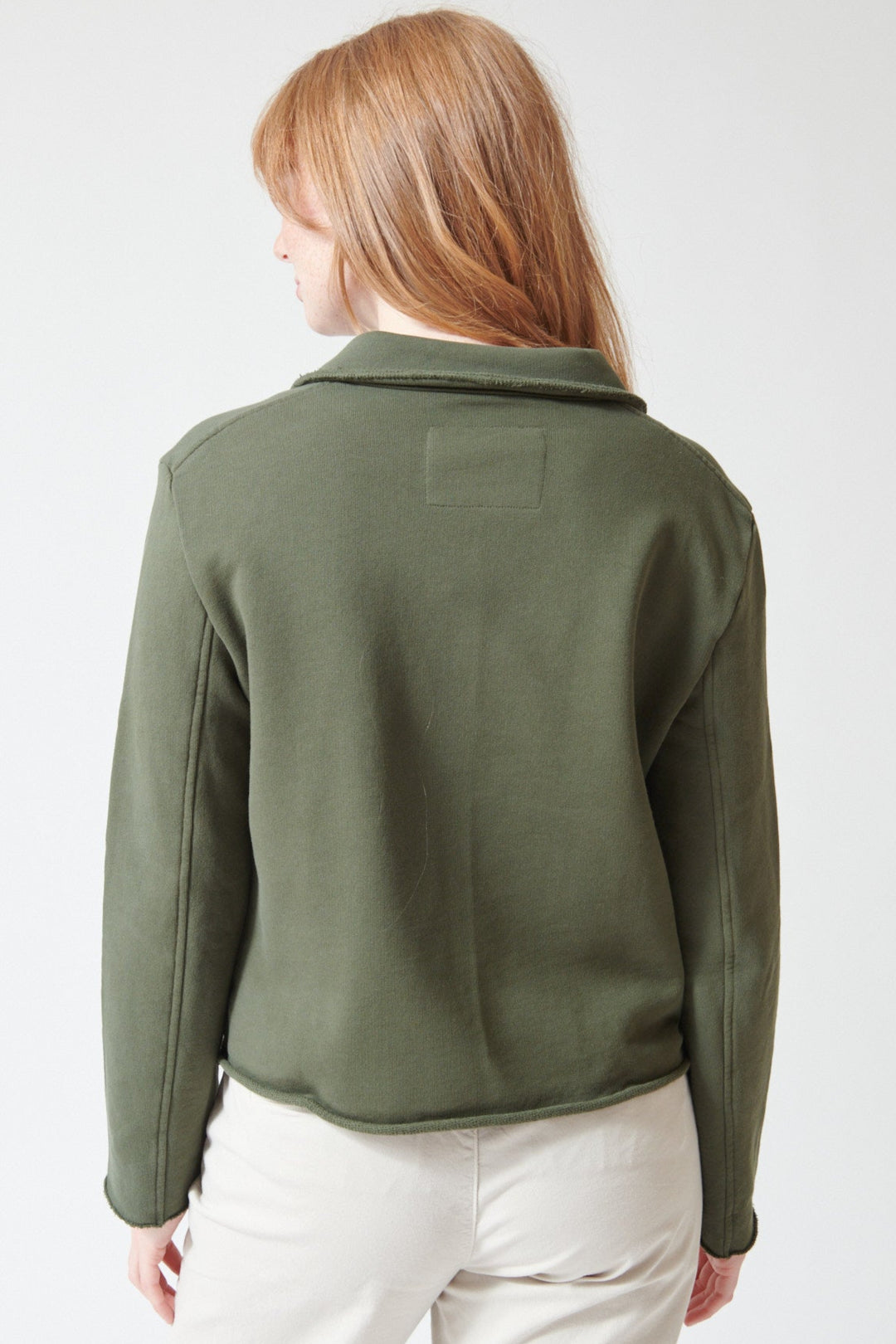 Waverly wearing Frank & Eileen Mini Belfast Crop Peacoat rear view