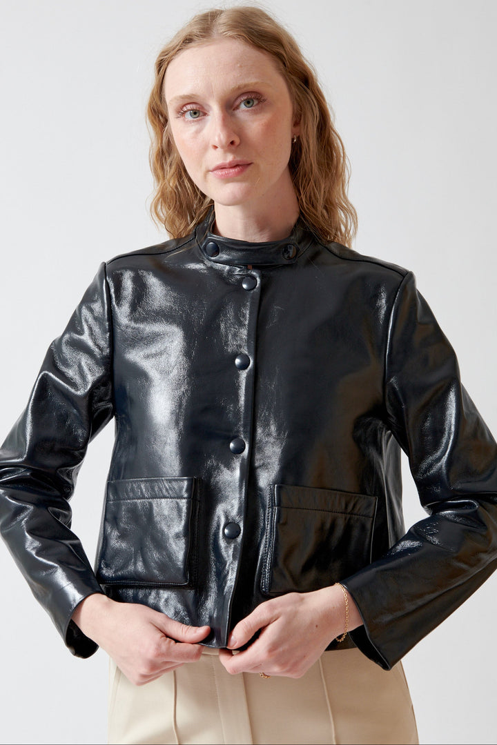 Madi wearing Dorothee Schumacher Sleek Shine Jacket front view