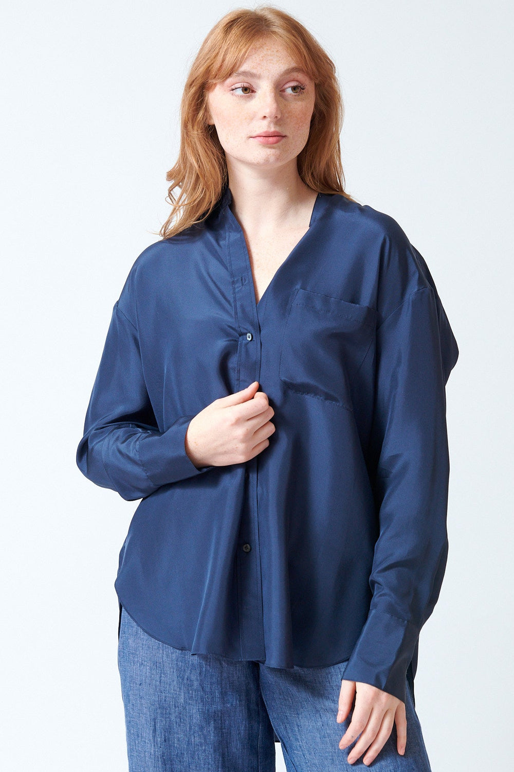 Waverly wearing TWP Big Joe Shirt front view