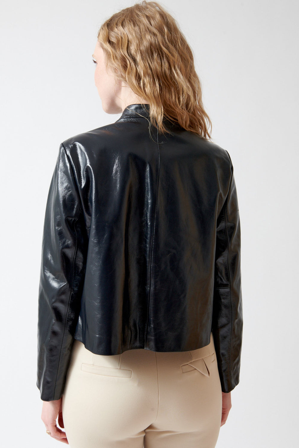 Madi wearing Dorothee Schumacher Sleek Shine Jacket rear view