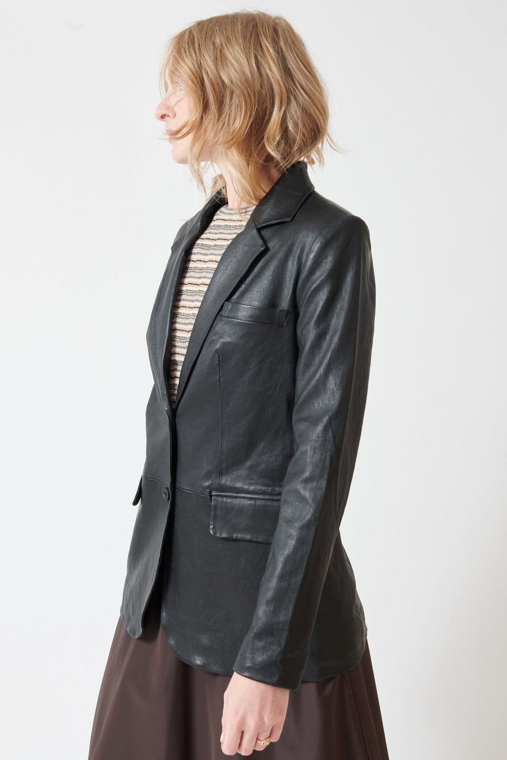 Madi wearing SPRWMN Classic Blazer side view