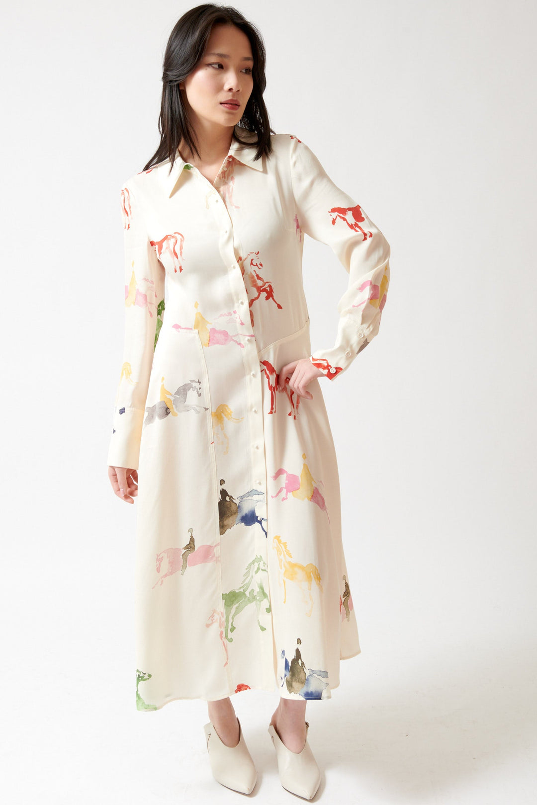 Lilly wearing Stine Goya Dry Viscose Front Placket Midi Polo Dress front view