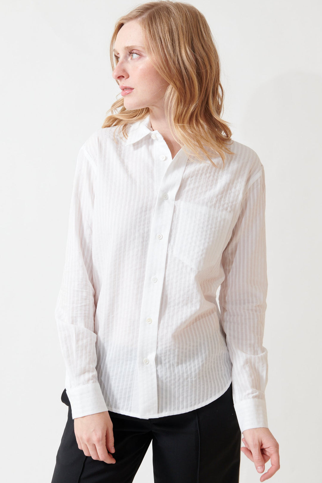 Madi wearing Inside Out Shirt White Stripe front view