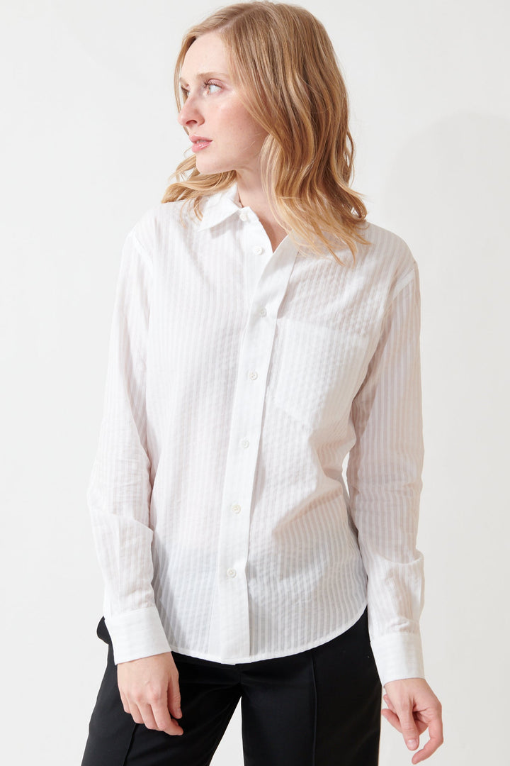 Madi wearing Inside Out Shirt White Stripe front view