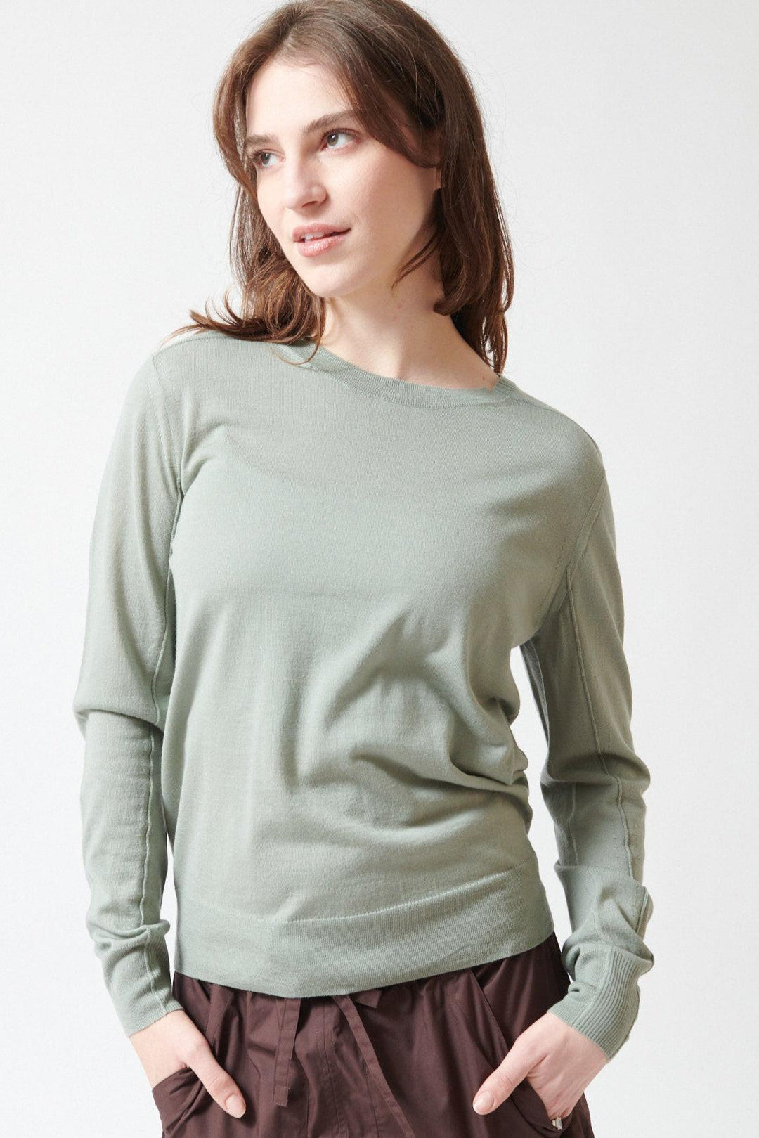 Sophie wearing Fine Merino Wool Aussie Jumper Mint front view