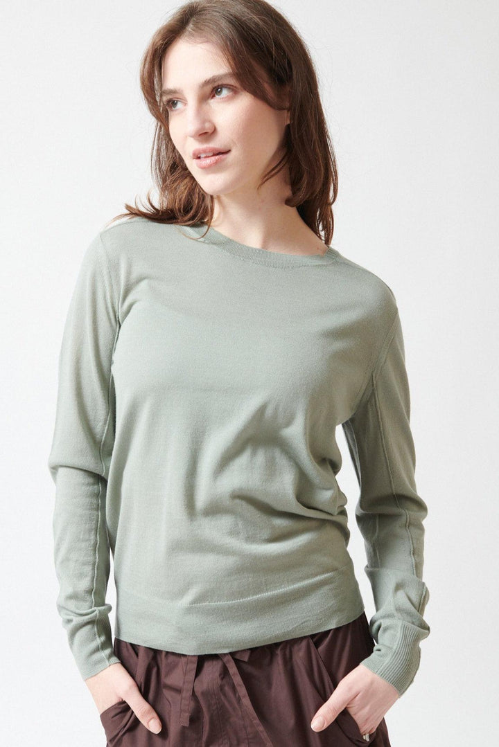 Sophie wearing Fine Merino Wool Aussie Jumper Mint front view
