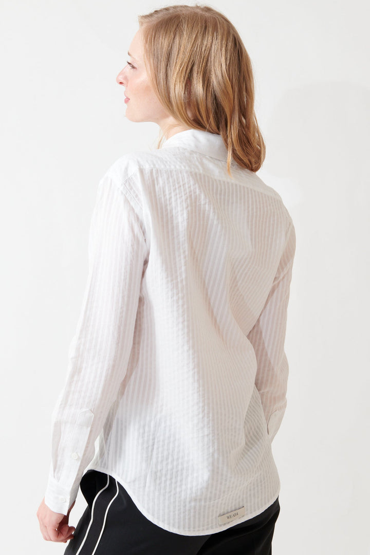 Madi wearing Inside Out Shirt White Stripe rear view