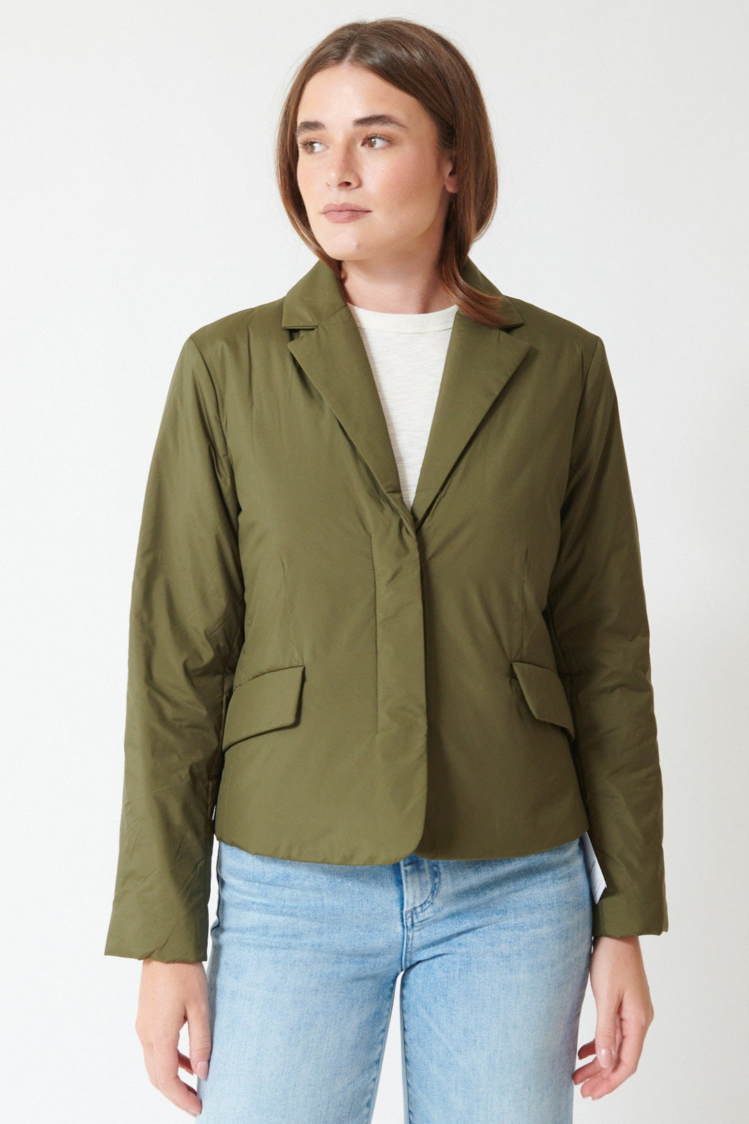 Julia wearing Lilla P Padded Blazer in Evergreen, front  view.