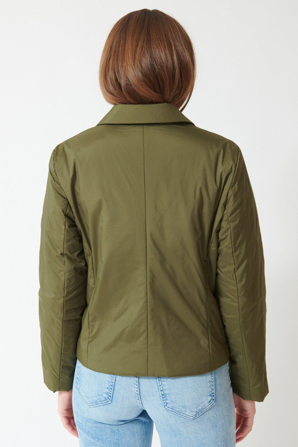 Julia wearing Lilla P Padded Blazer in Evergreen, rear view.