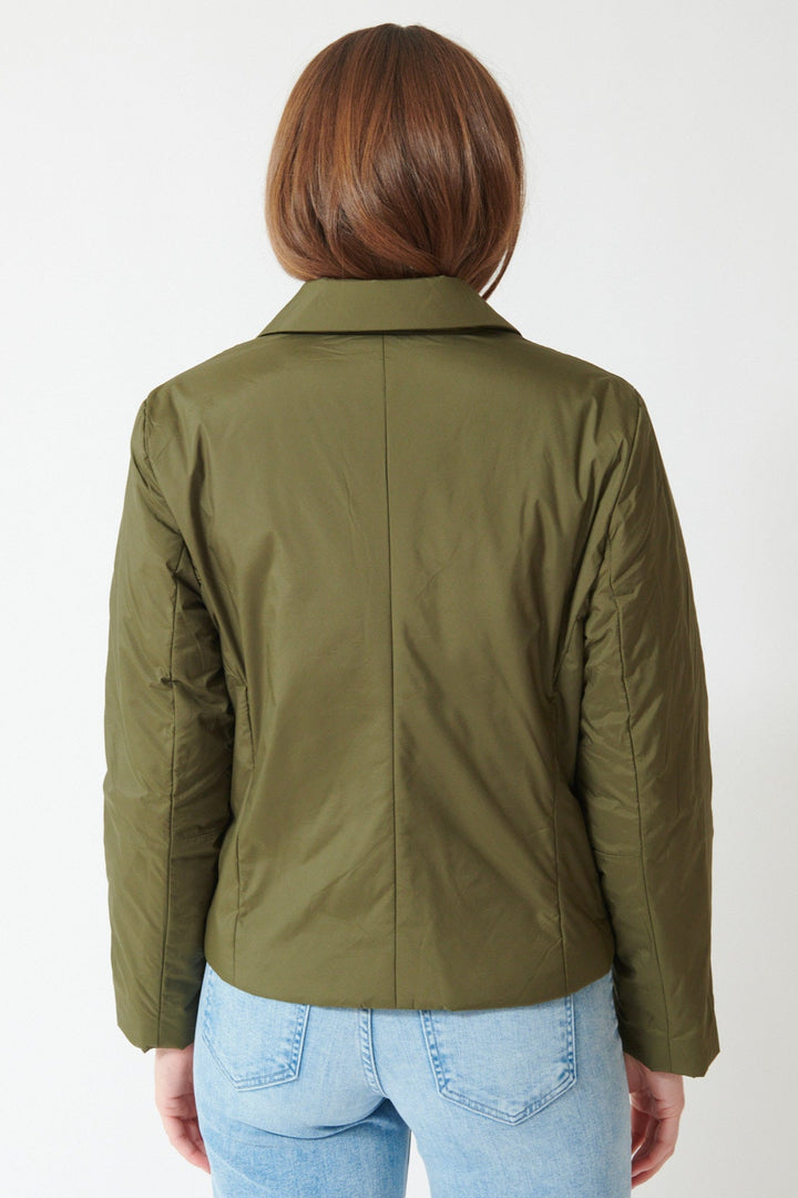Julia wearing Lilla P Padded Blazer in Evergreen, rear view.