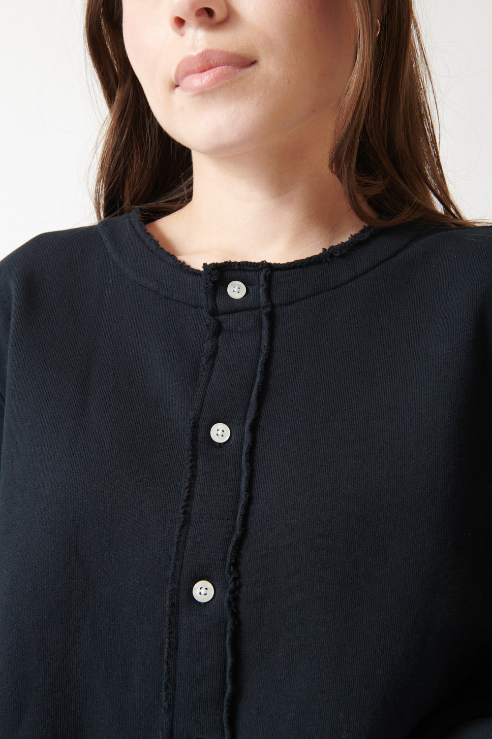 Angela wearing Frank & Eileen Jackie TF Cardigan front/detail view