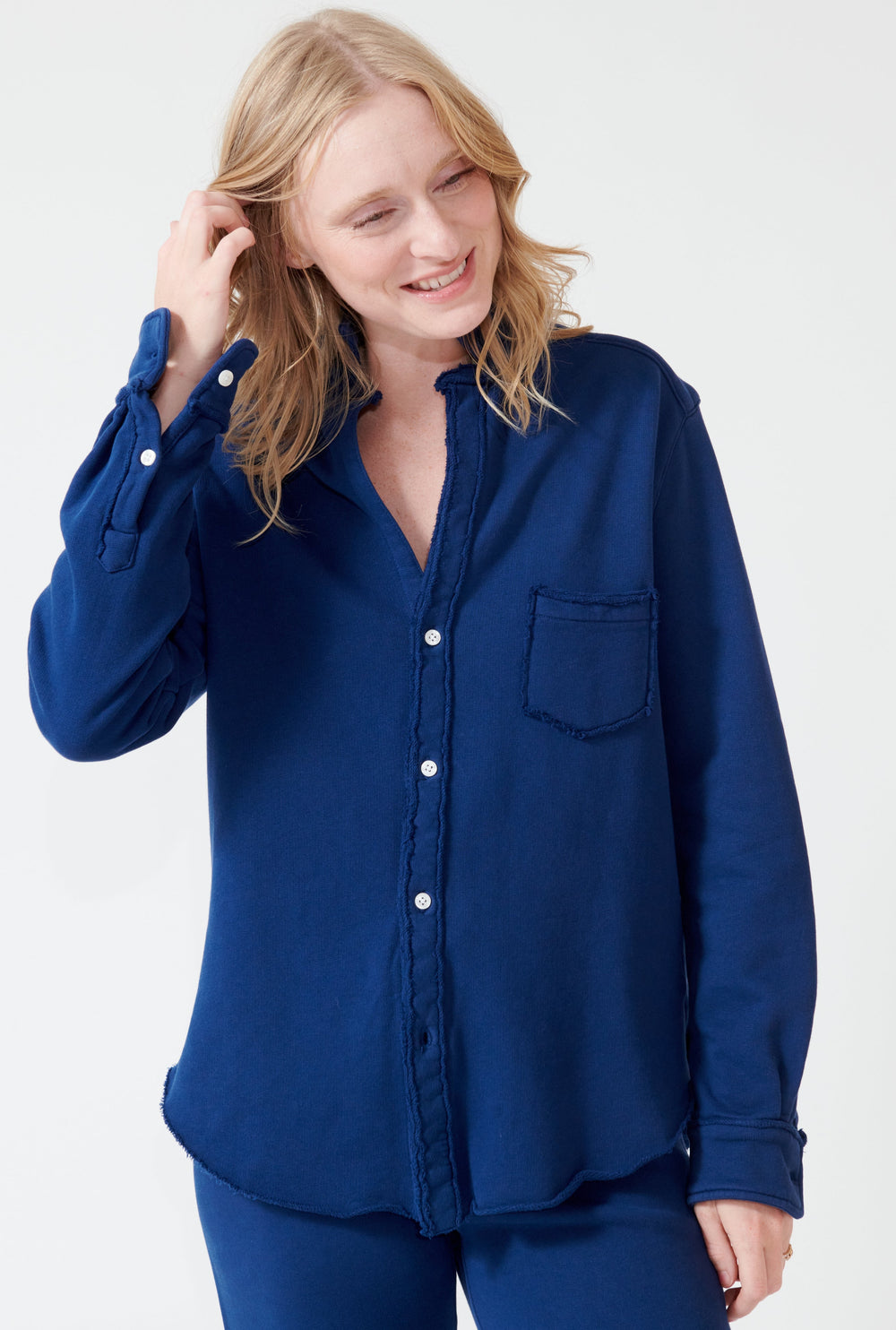 Madi wearing Frank & Eileen Eileen Relaxed Button Up Sweatshirt front view
