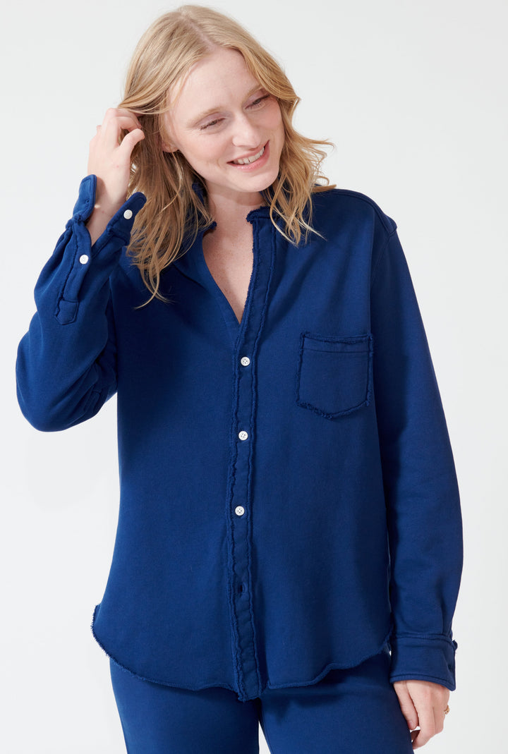 Madi wearing Frank & Eileen Eileen Relaxed Button Up Sweatshirt front view