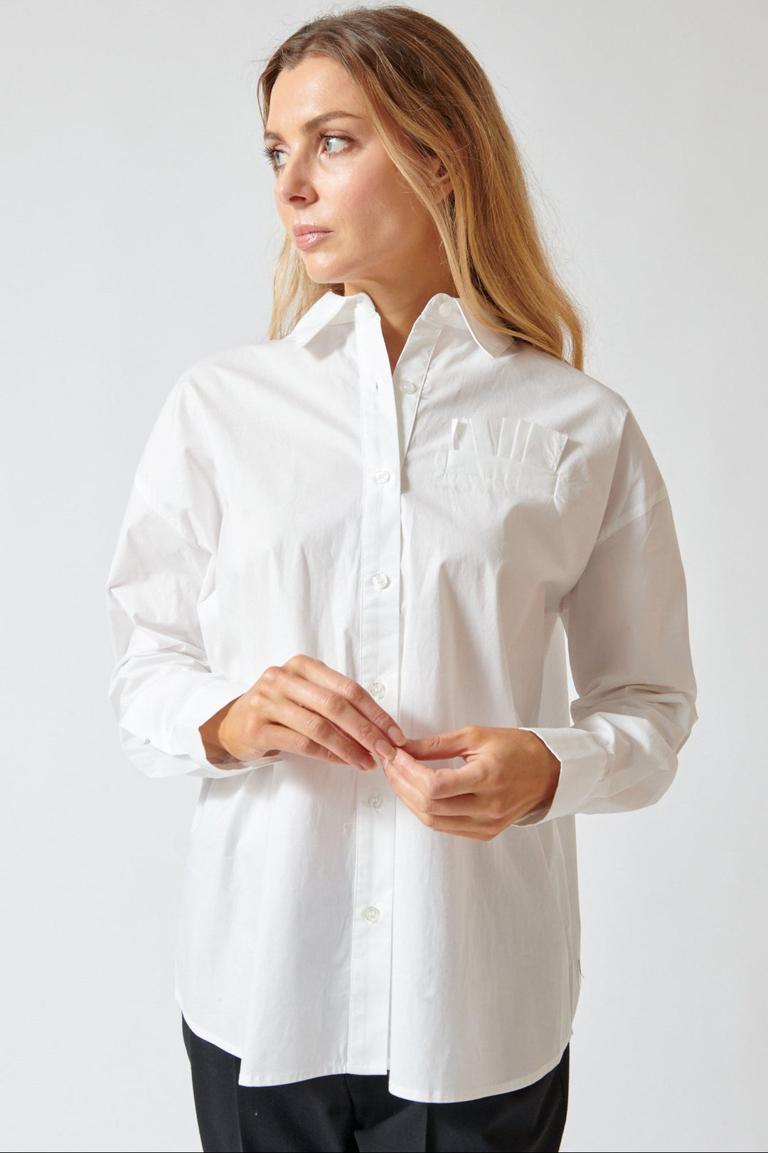 Mari wearing The Garment Cyprus Oversized Shirt front view