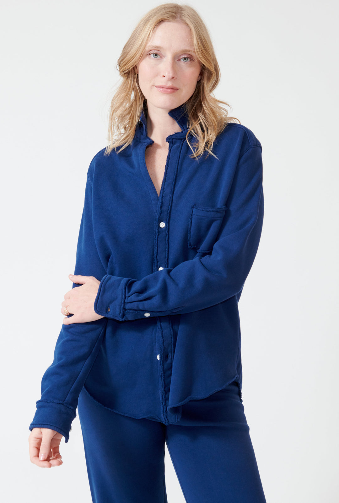 Madi wearing Frank & Eileen Eileen Relaxed Button Up Sweatshirt front view