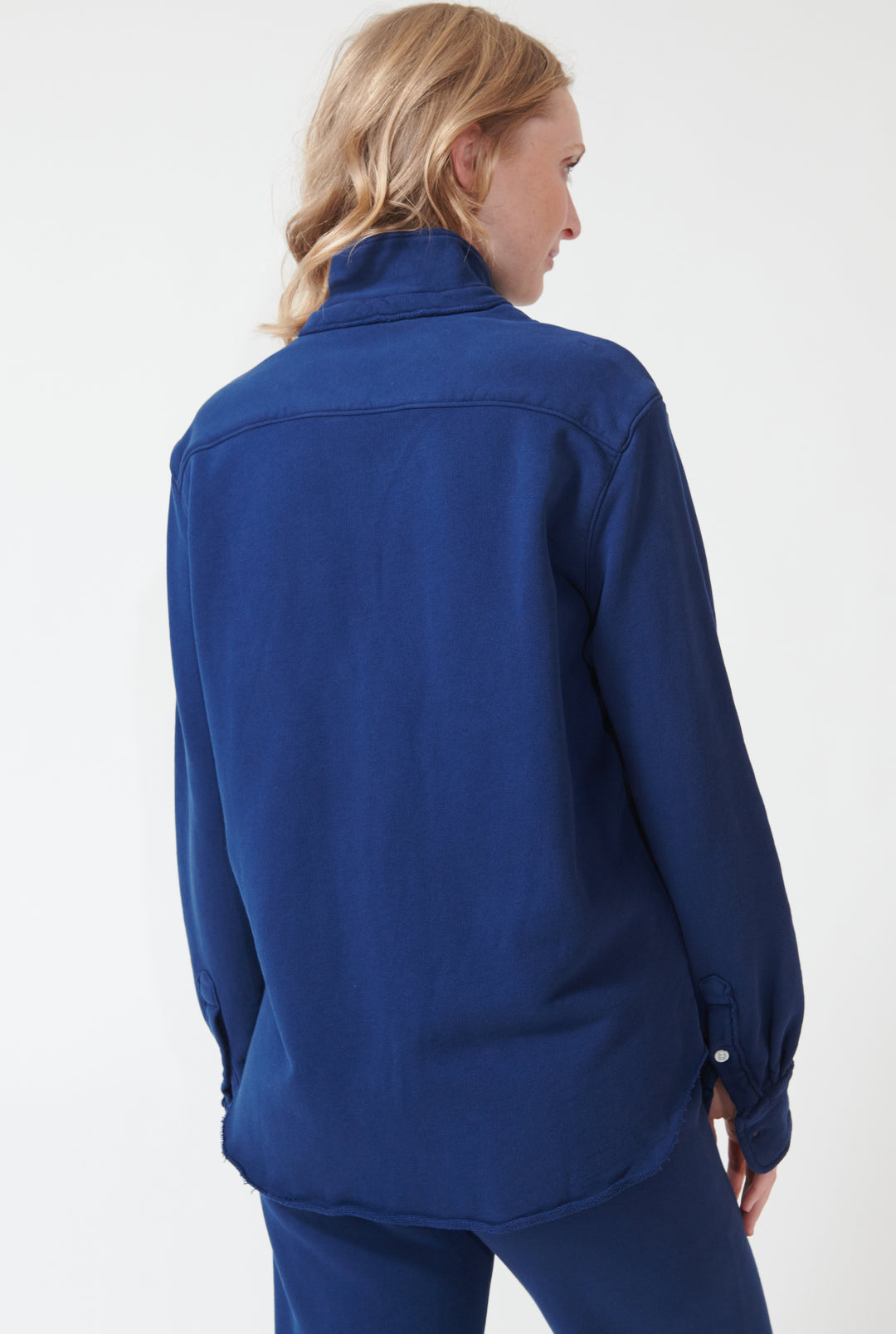 Madi wearing Frank & Eileen Eileen Relaxed Button Up Sweatshirt rear view