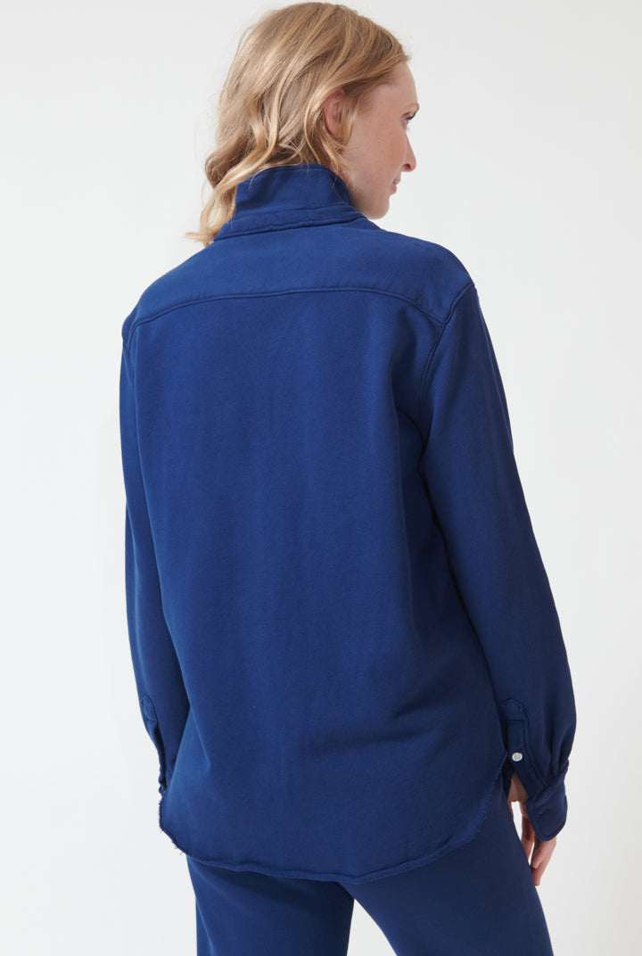 Madi wearing Frank & Eileen Eileen Relaxed Button Up Sweatshirt rear view