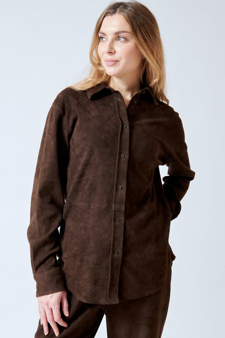 Mari wearing SPRWMN Elise Button Up Top front view