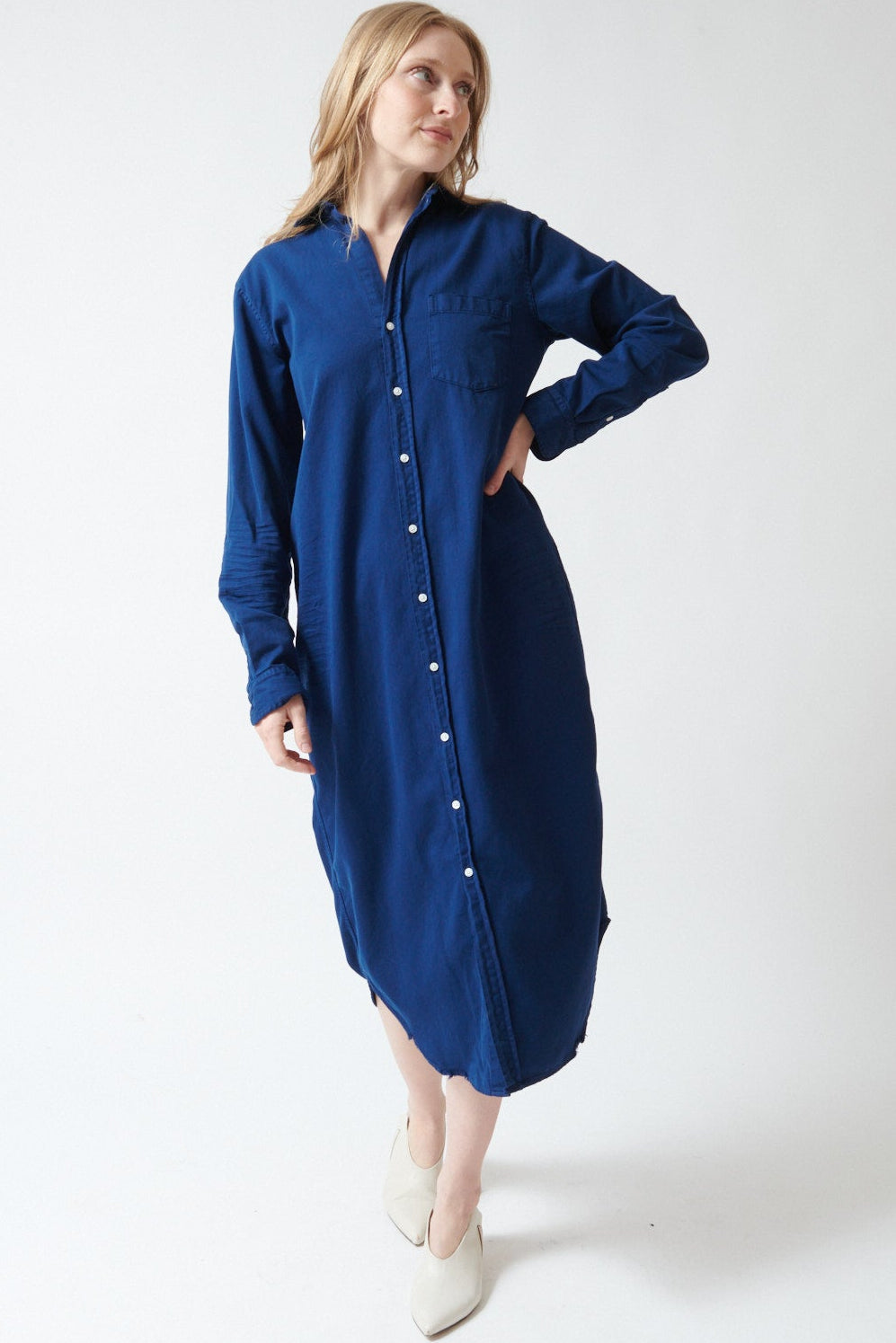 Madi wearing Frank & Eileen Rory Maxi Shirtdress front view