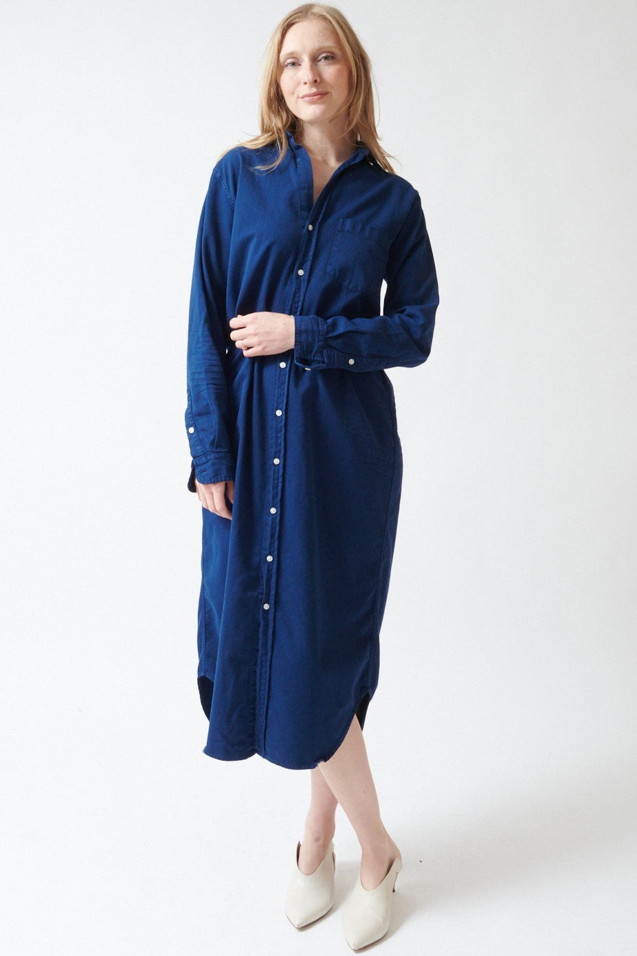 Madi wearing Frank & Eileen Rory Maxi Shirtdress front view