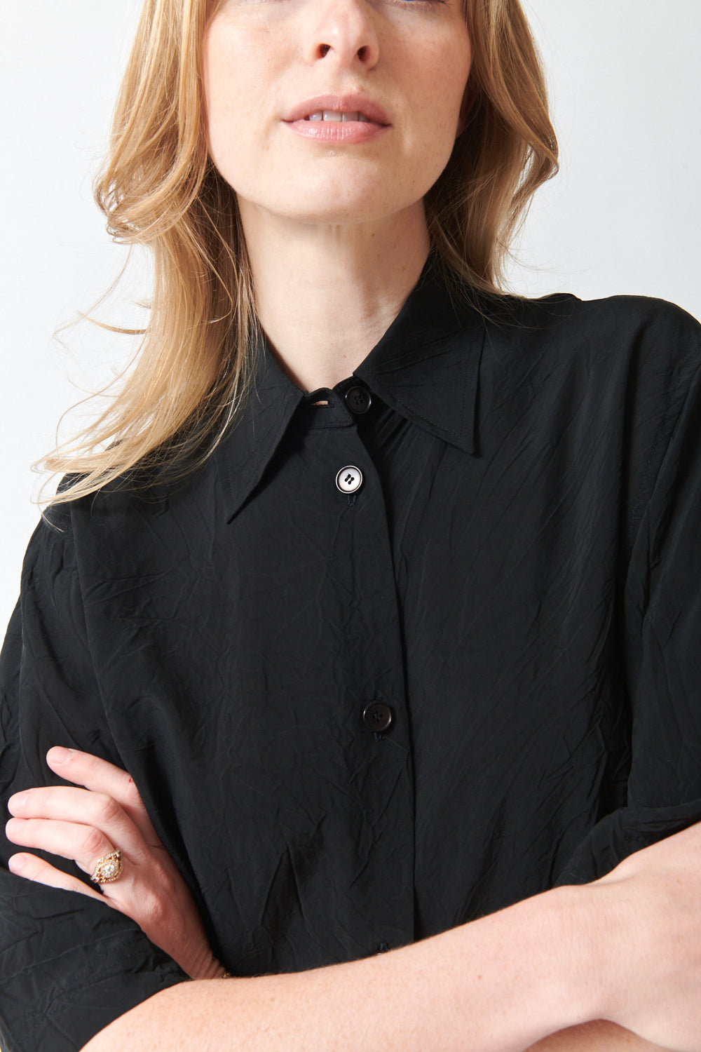 Madi wearing Christian Wijnants Tiola Shirt front/detail view