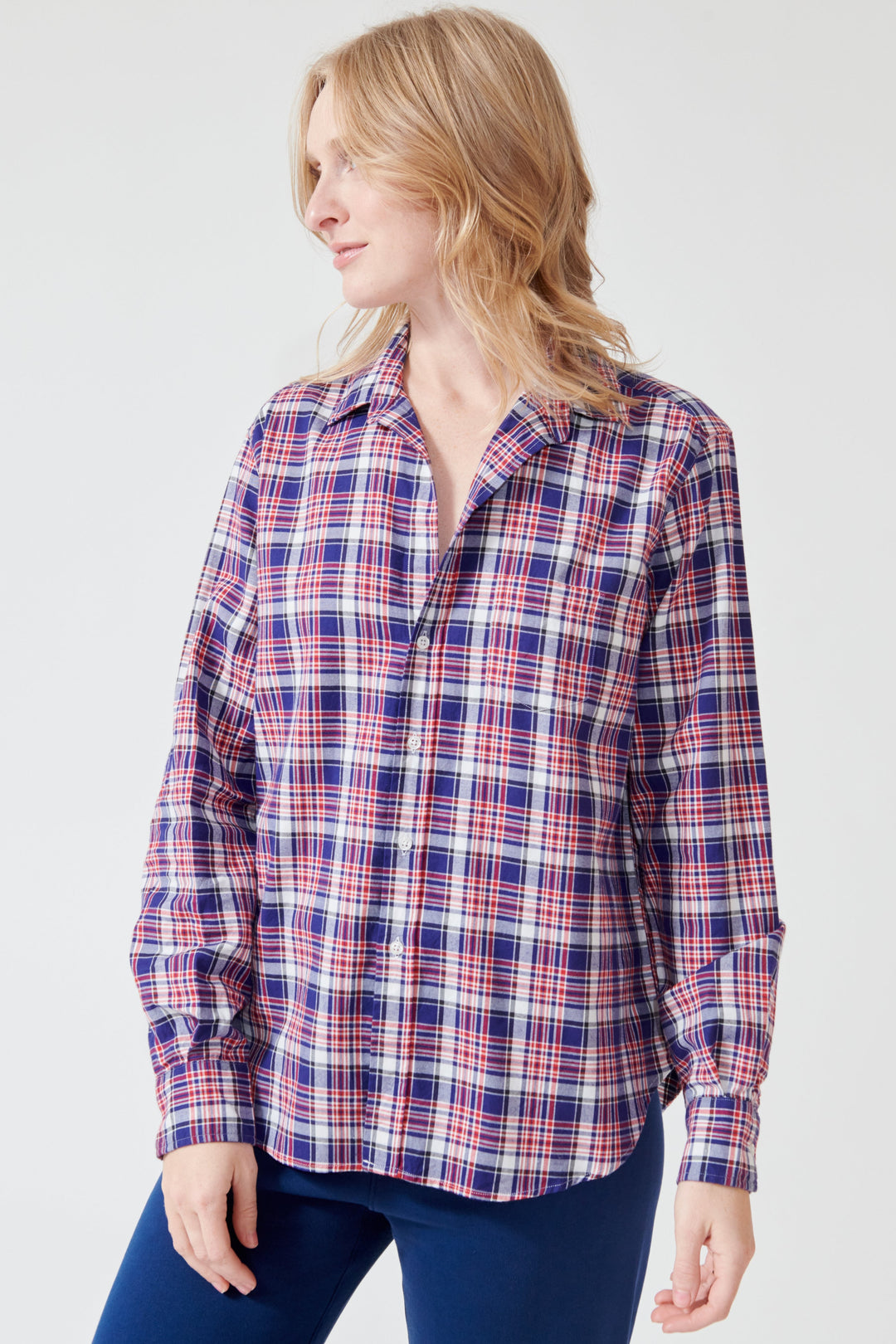 Madi wearing Frank & Eileen Eileen Relaxed Button Up Shirt front view